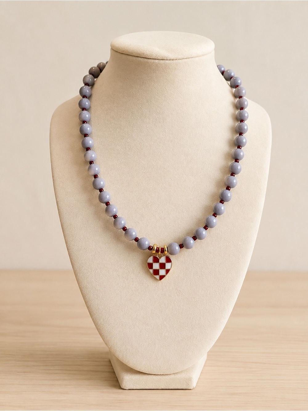 Handmade Gray Beaded Necklace Red Checkered Heart Pendant Cottagecore
